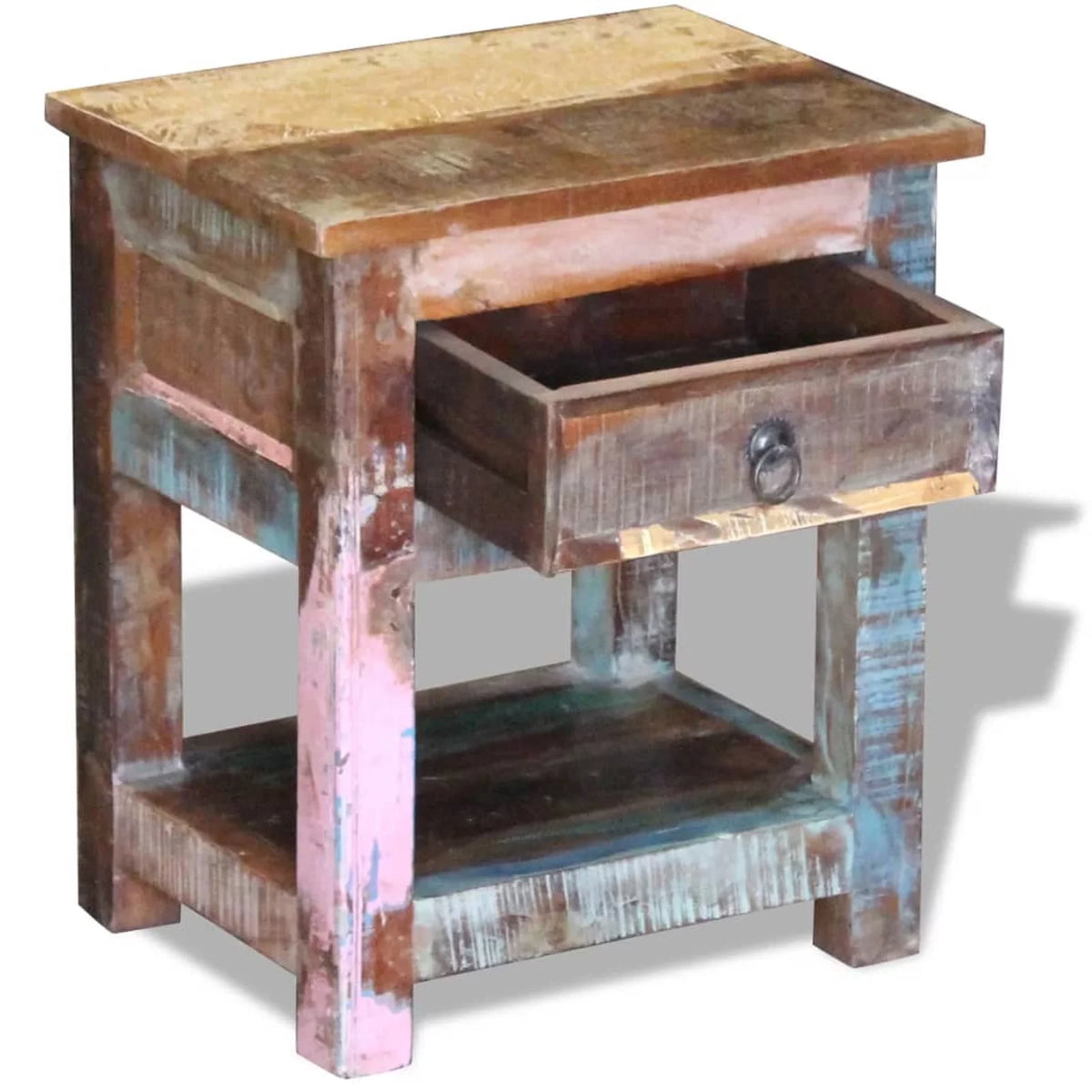 Reclaimed Wood End Side Table with Drawer and Storage Shelf A4622