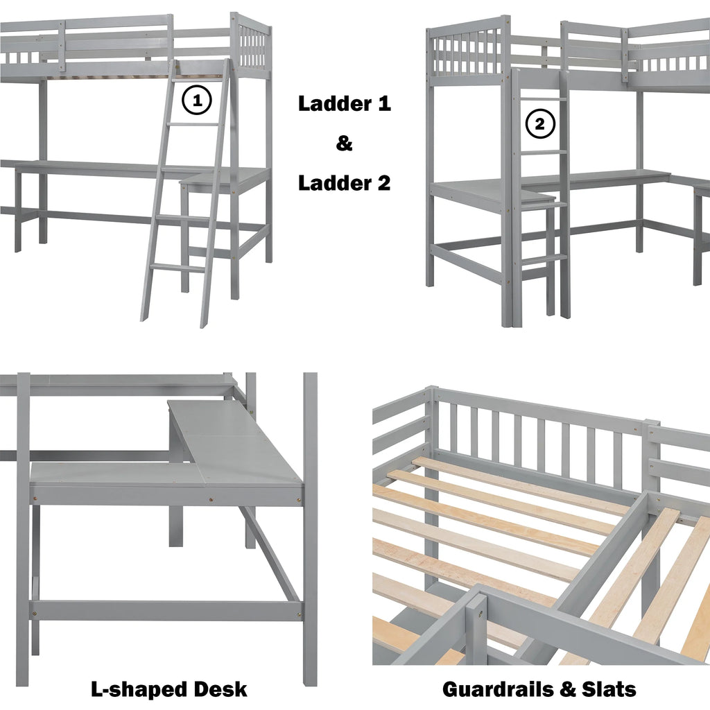 Twin Size L-Shaped Loft Bed with Desk, Ladder and Guardrails L68487