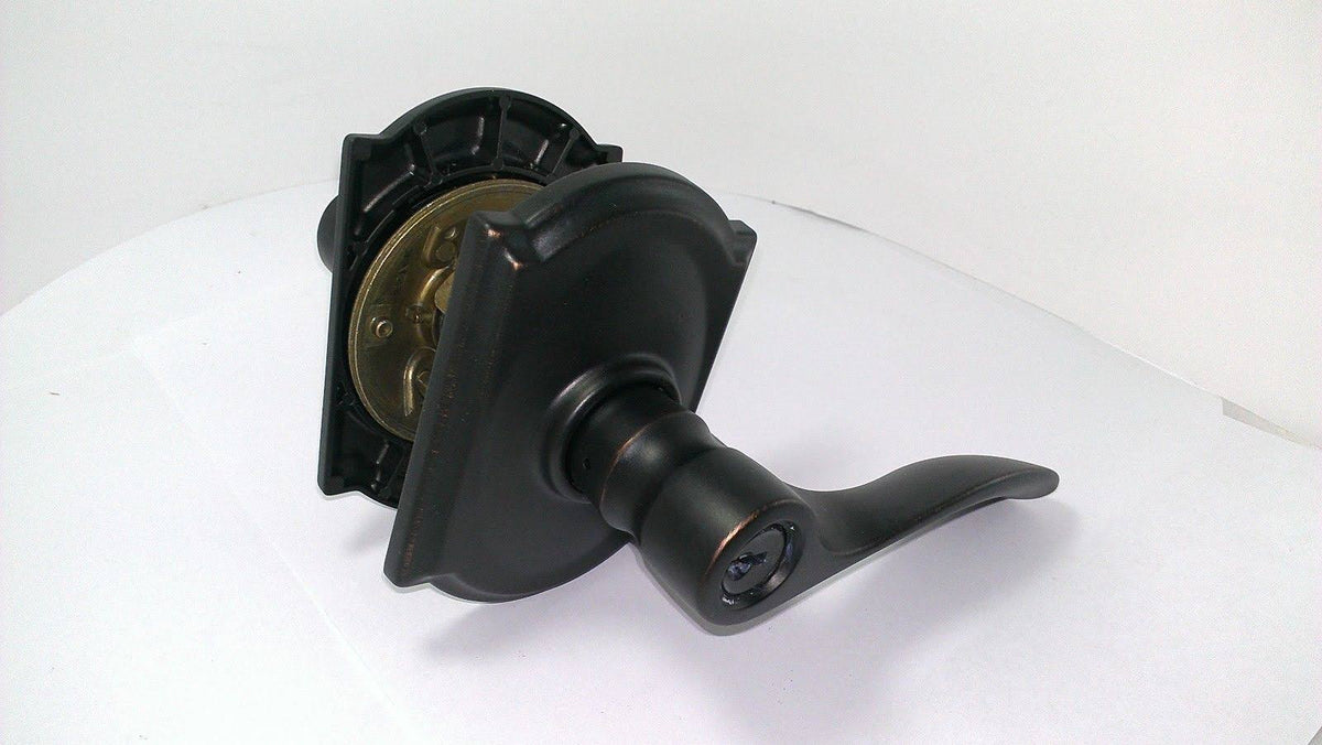 Champagne Camelot Rose Keyed Entry Lock with Latch and Strike, Aged Bronze Finish R518236